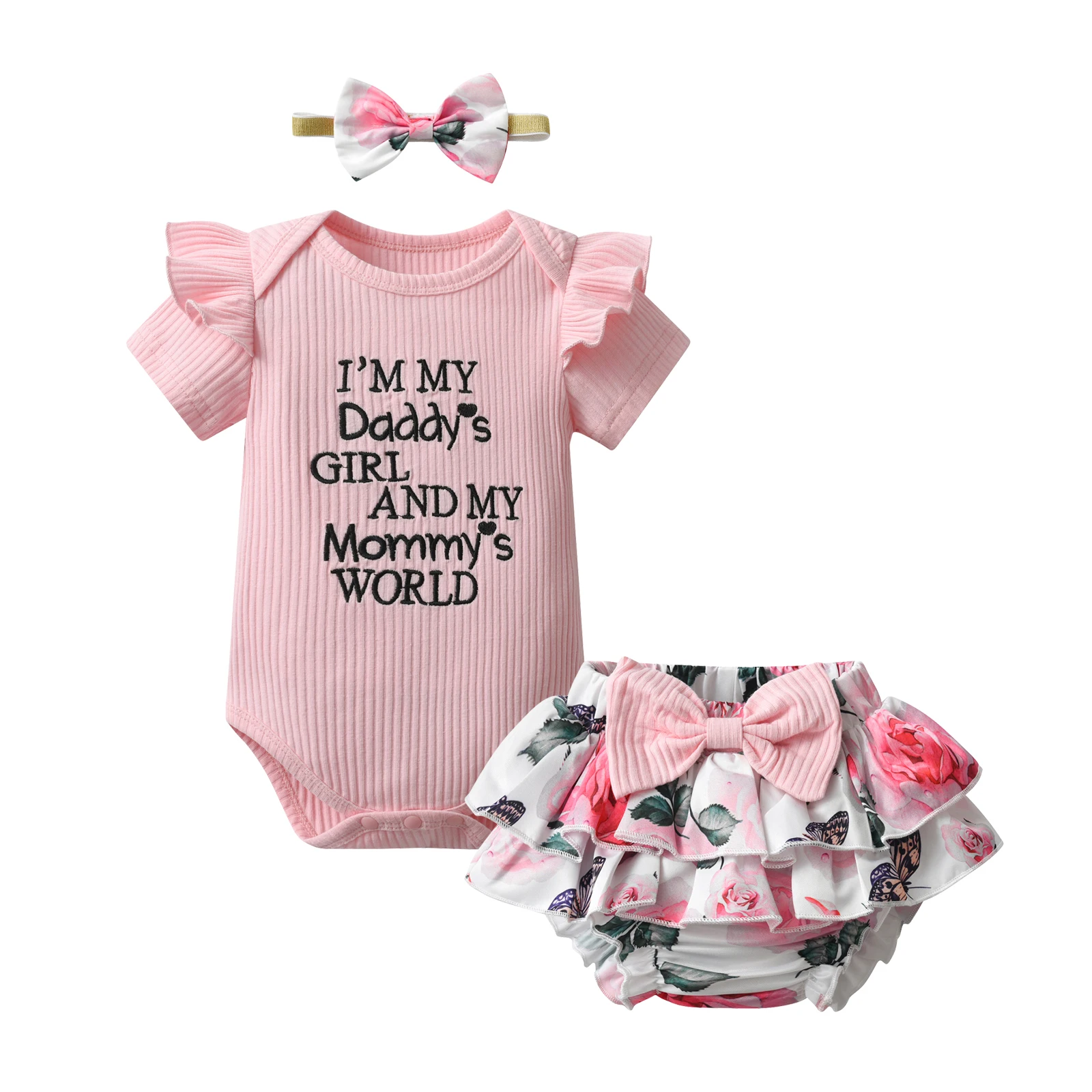 Newborn Infant Baby Girls 3pcs Clothes Set Knitted Short Sleeve Bodysuit  Top + Triangle Shorts with Bow Headband Summer Outfit