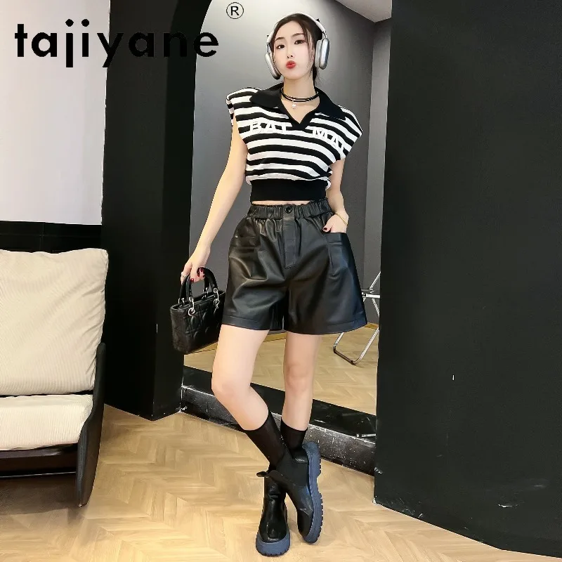 TAJIYANE Sheepskin Black Shorts Genuine Leather Short Women's Shorts Wide Leg Shorts for Woman Bootyshorts Elastic Waist Шорты
