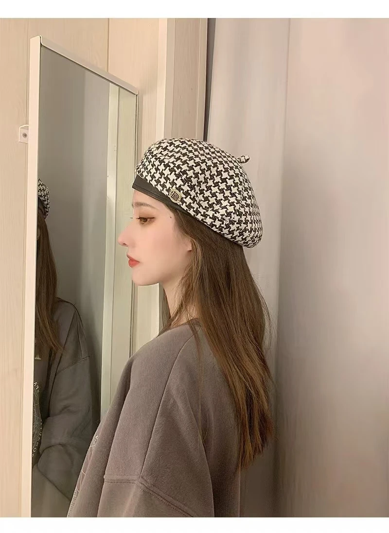 Little Fragrant Style Plaid All-match Autumn B Letter British Style Painter Hat Women Berets Houndstooth Korean Style Hat