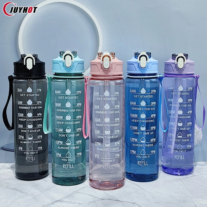 900ml Sports Bottle With Time Scale Outdoor Sports Leakproof Drinking Bottles Portable Fitness Motivational Straw Mug Cup