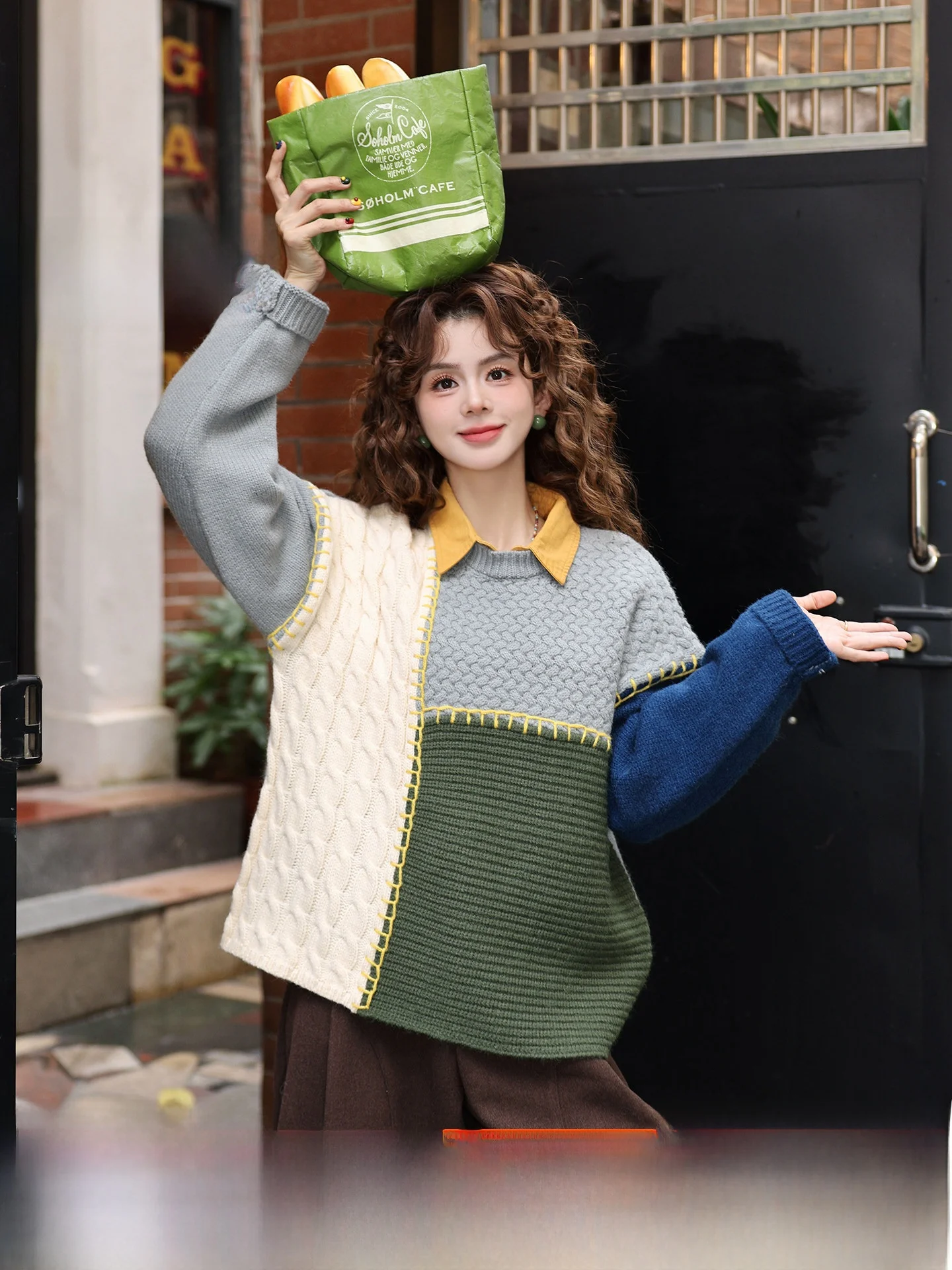 

Loose Fit Color Blo Neline Knitted Sweater Women's Faion Design round Ne Pullover Thiened Winter Polyester Blend