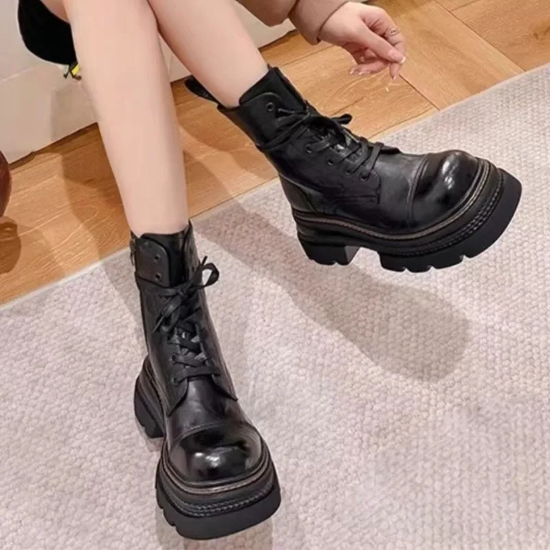 

Platform Ankle Boots Women 2025 New Autumn Winter Motorcycle Boots Woman Thick Bottom Non Slip Leather Combat Boots