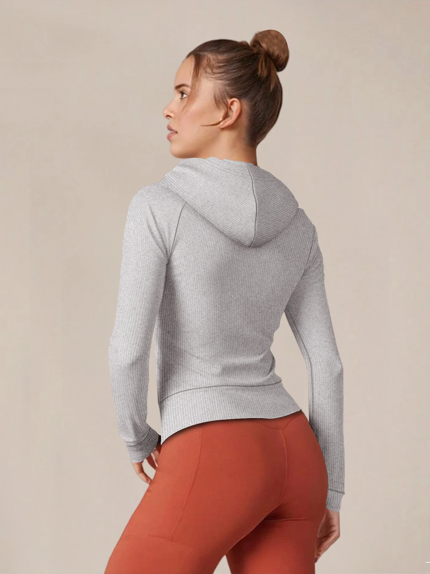 Women Athleisure Workout Rib Knit Zip Up Cropped Hoodie Light Long Sleeve Drawstring Hood Pocket Outerwear