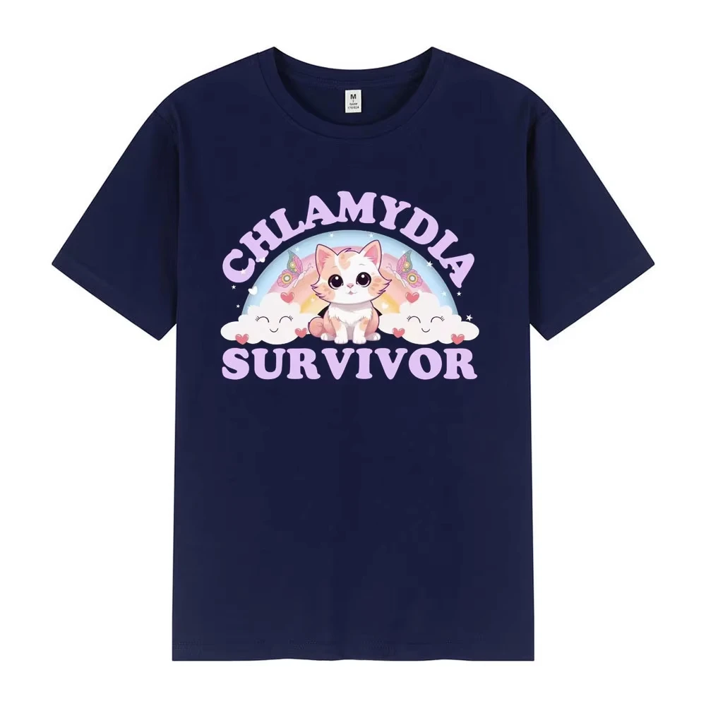 Chlamydia Survivor T Shirt Funny Cat Meme 100% Cotton T-shirt Man Woman Loose Casual O-Neck Unisex Simple T-shirts Oversized Top