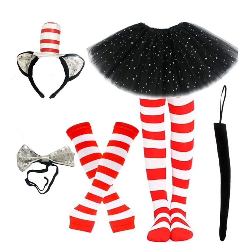 Festival Navidad para mujeres y niñas, accesorios disfraz gatos, aro con lentejuelas, faldas con pajarita, Kits