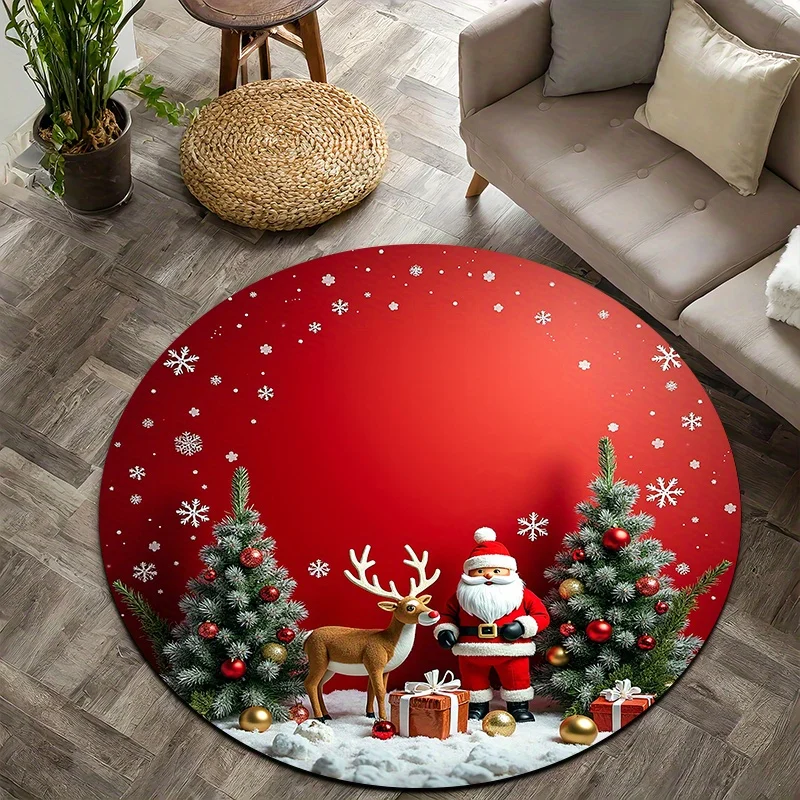 Christmas Round Floor Mat Winter Snow Town Village Print Doormat Santa Gift Portrait Pattern Rug Home Indoor Holiday Decoration