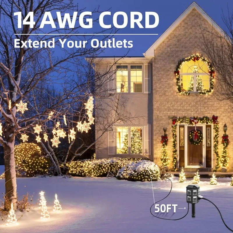 Outdoor Power Strip Weatherproof, 50 FT Extension Cord with Power Stake, 6 Grounded Outlets for Outdoor Lights