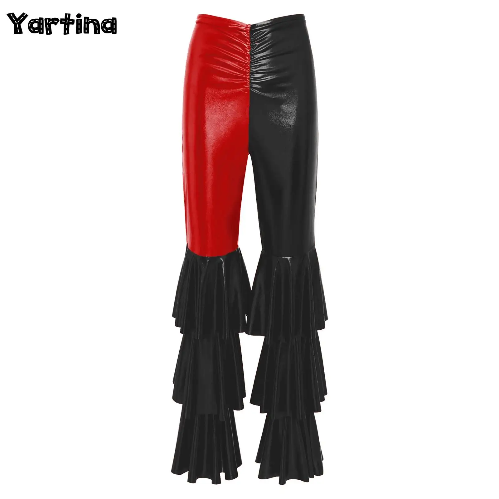 Damskie spodnie dzwony z falbanami w stylu lat 70. i 80., z wysokim stanem, długie spodnie disco, metaliczne, błyszczące spodnie rozszerzane, kostium na Halloween.