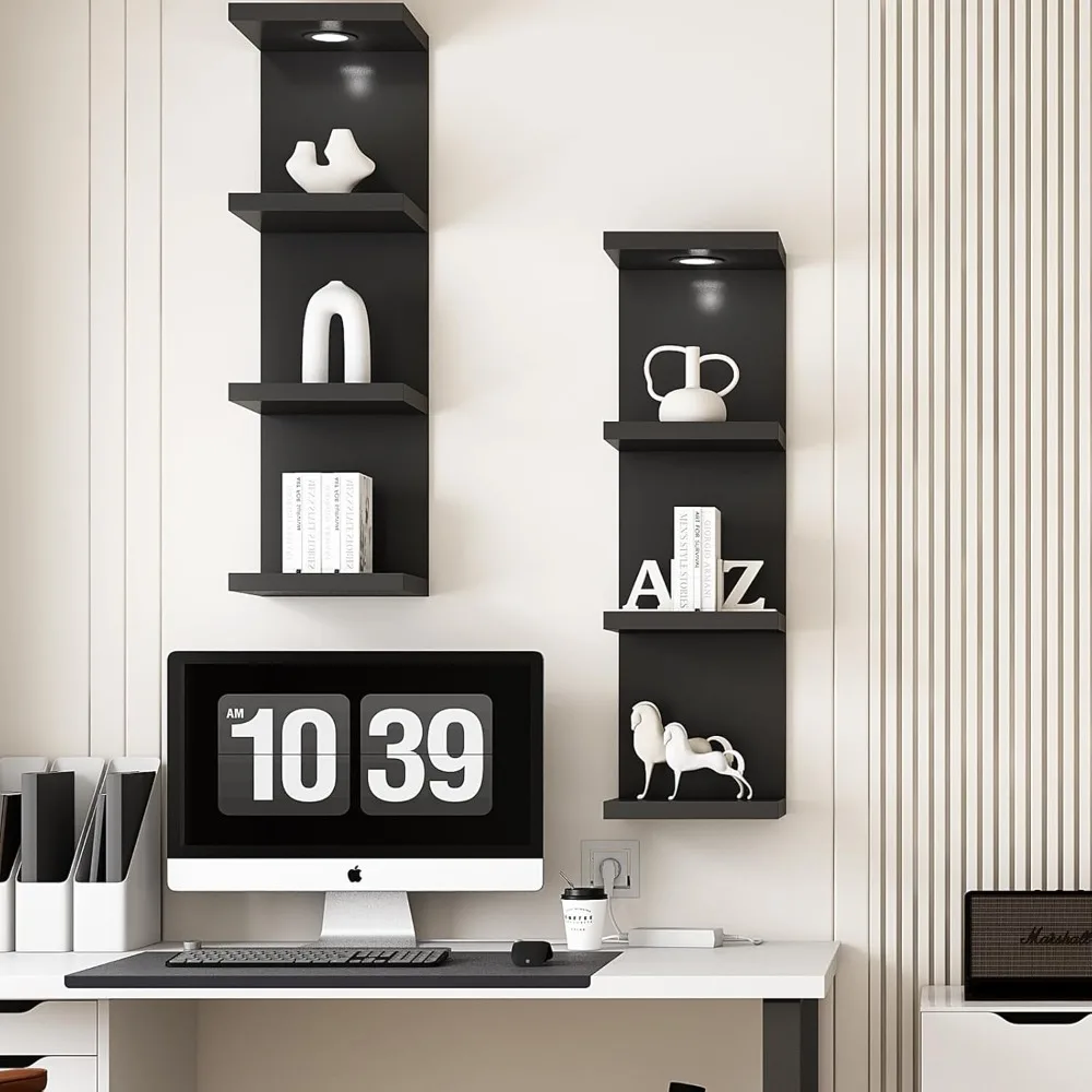 

Best - Versatile 4 Tier Wall Shelf Unit,Black Lack Wall Shelf,Display Floating Shelf with LED Remote Control Light