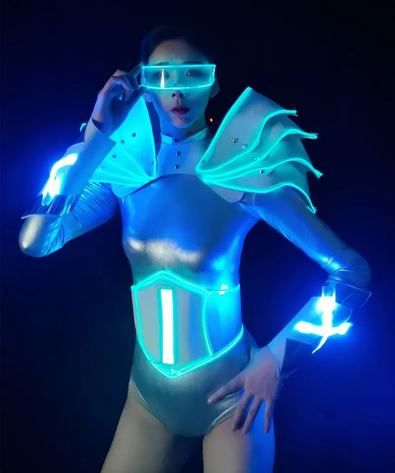 Costumi con tecnologia luminosa bar party ice blue LED punk cyber dance troupe bar gogo dance party