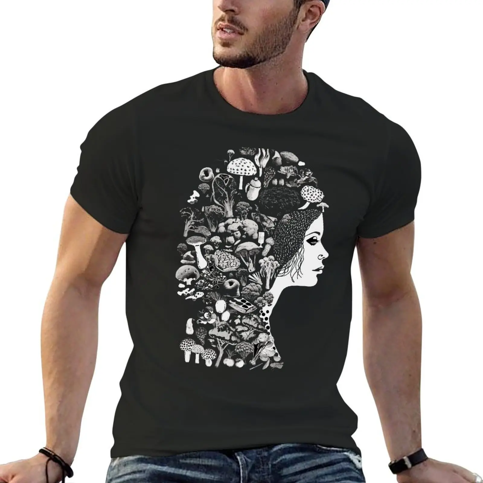 Surreal Mushroom Head Woman Vintage Illustration T-Shirt blue archive shirts graphic tees tops mens graphic t-shirts pack