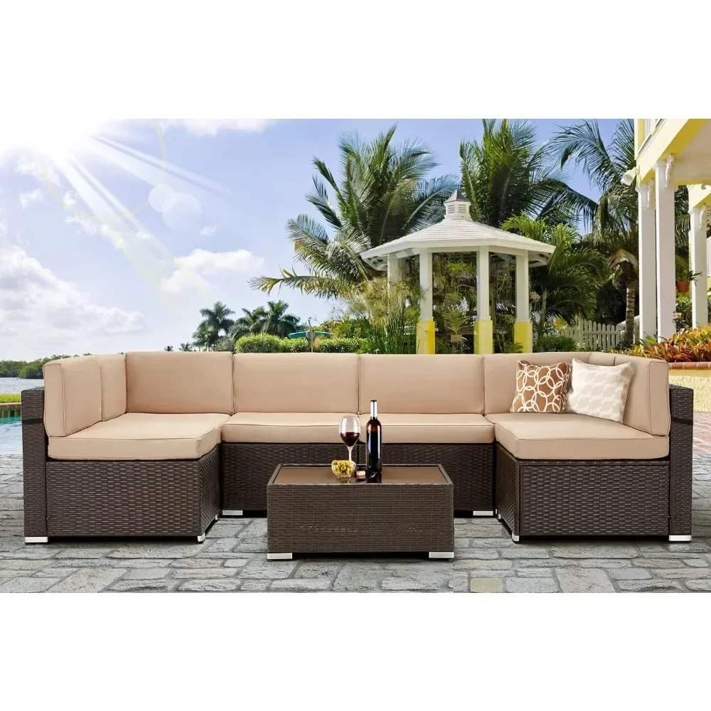 Mobília ao ar livre do pátio Set, PE Rattan Wicker Sofa Set, cadeira secional com almofada e mesa de chá, 7 pcs