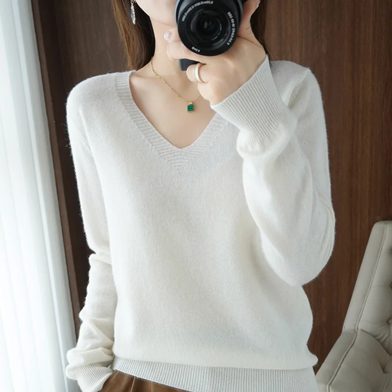 Autumn and Winter New Women's V-neck Pullover Lace Collar Hollow Design Casual Knitted Long Sleeve Women's Clothing Knit Sweater