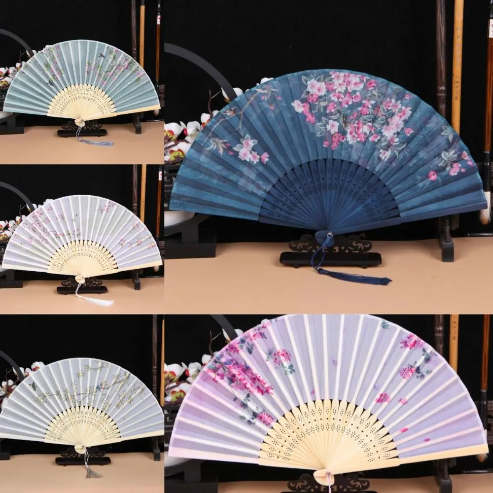 Bamboo Chinese Japanese Folding Fan Vintage Style Silk Folding Fan Tassel Elegent Female Fan Hand Fan Shank Classical Dance Fan