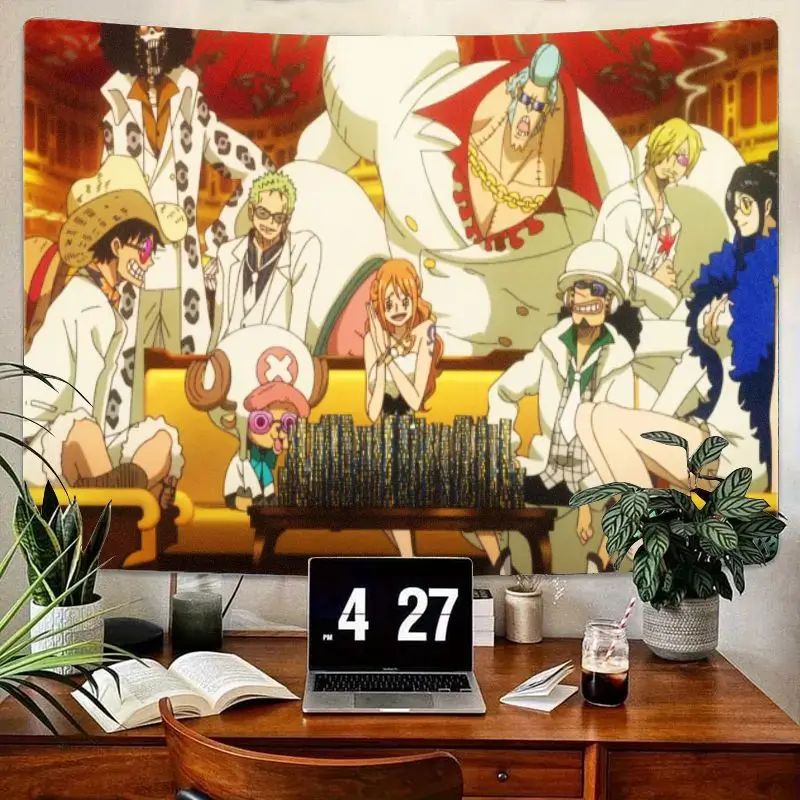 

1 шт. цельный гобелен аниме соломенная шляпа Луффи синий головной убор групповая сцена настенное искусство, богатые подробные теплые цвета, полиэстер Настенный декор