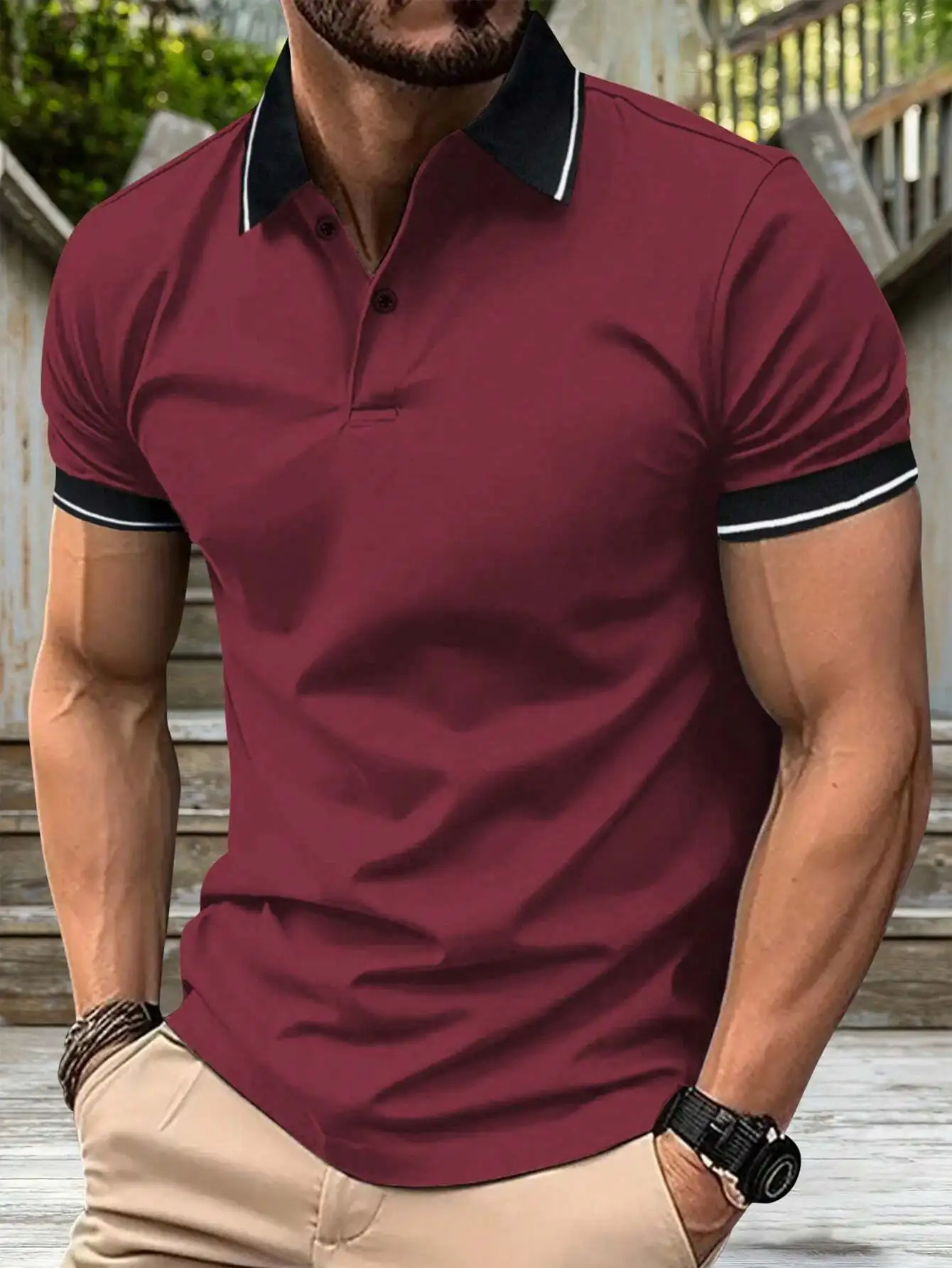 

Men's Burgundy Slim Fit Short Sleeve Polo Shirt with Contrast Trim Collar and Cuffs