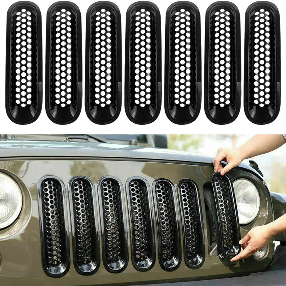 7 pz nero lucido griglia anteriore inserto maglia Trim griglia copertura per Jeep JK Wrangler 2007-2017 accessori esterni