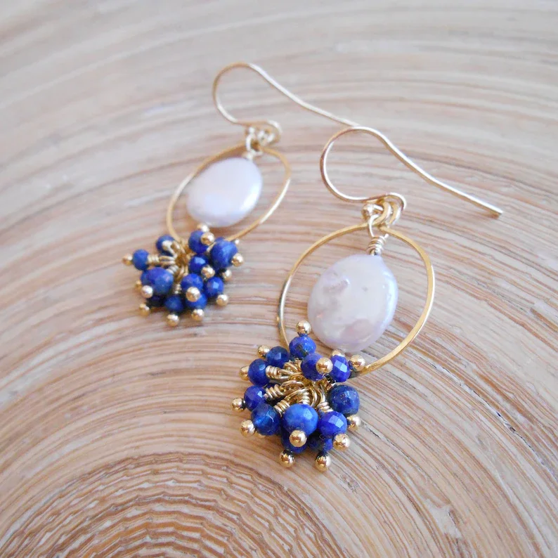 Nadia coin pearl lapis lazuli gemstone cluster hoop earrings blue white gold fill gift for her June birthstone engagement