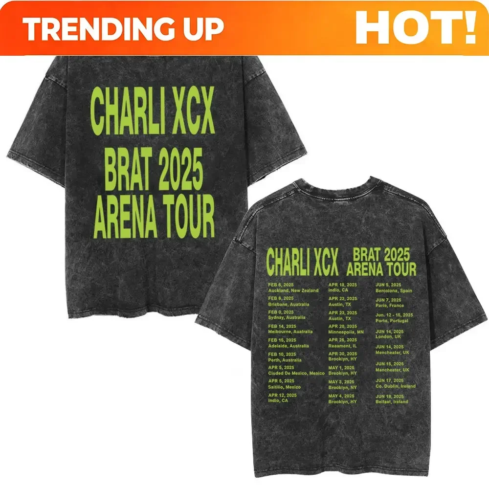 Customization Charli Xcx Brat 2025 Arena Tour Washed T Shirts Men Women Fashion Pop Music T-shirts Cotton Vintage T-shirt Oversi