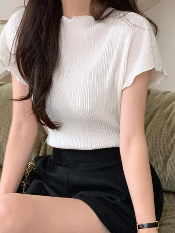 Korean Style Half High Collar Elastic Short Sleeve T-Shirt Women Summer Luxury Feel Floral Short Top Ladies Fashion