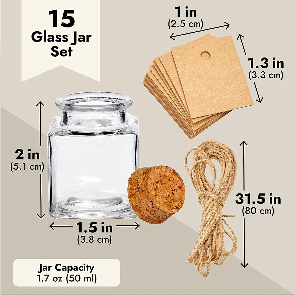 Small Glass Bottles 1.7 oz/50ml Mini Jars with Twine and Blank Tags for Gift Favors, Spices, Crafts,Honey