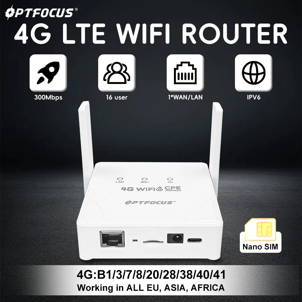 

OPTFOCUS 4G LTE WIFI Маршрутизатор 300 Мбит/с 2,4G WIFI6 1WAN LAN-порт Усилитель сигнала 2 внешних антенны Точка доступа Более плавный маршрутизатор