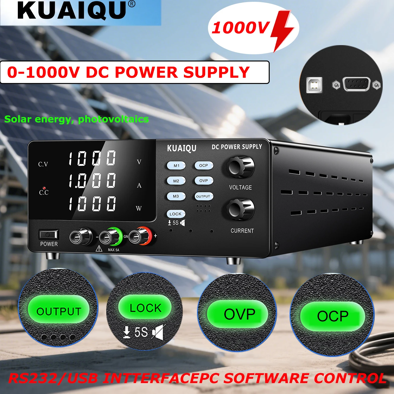 

KUAIQU 1000 В 1A 1000 Вт источник питания постоянного тока Регулируемая функция памяти OCP OVP Программируемый настольный источник питания для тестирования солнечной энергии