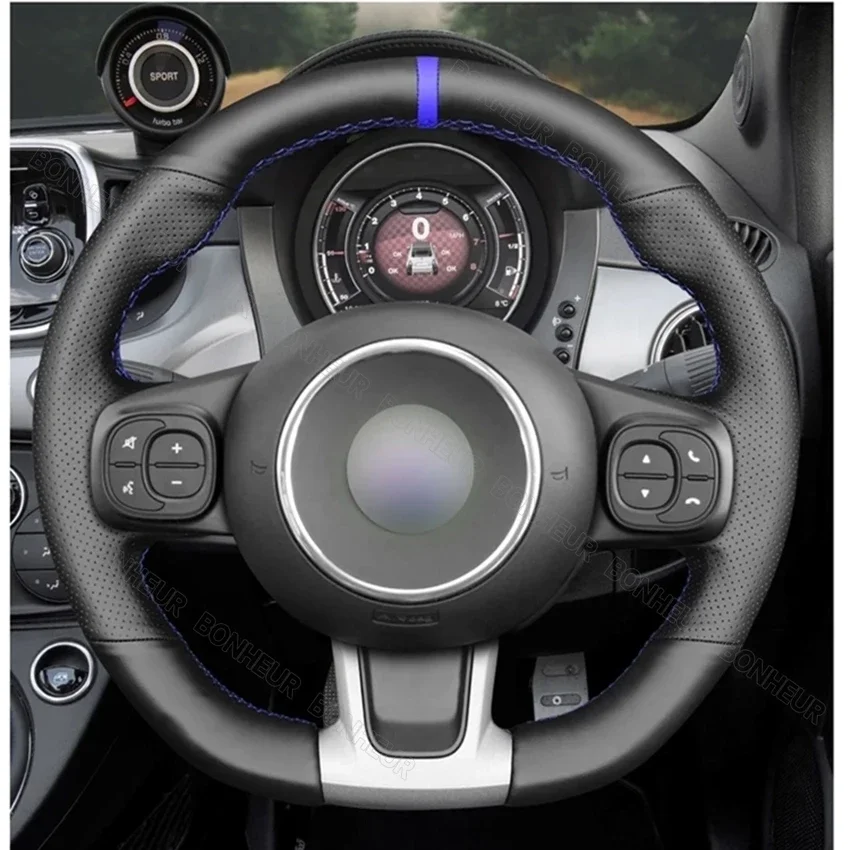 Hand Sew Blue Marker Black Leather Car Steering Wheel Cover for Abarth 595 595C 695 695C 2016 2017 2018 2019-2021 Fiat 500 500C