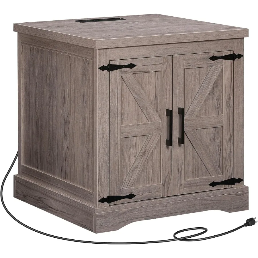 大型24インチファームハウステイドスツール、内蔵充電ステーションと納屋ドアデザイン、調節可能な収納棚、正方形、グレー、素朴なスタイル