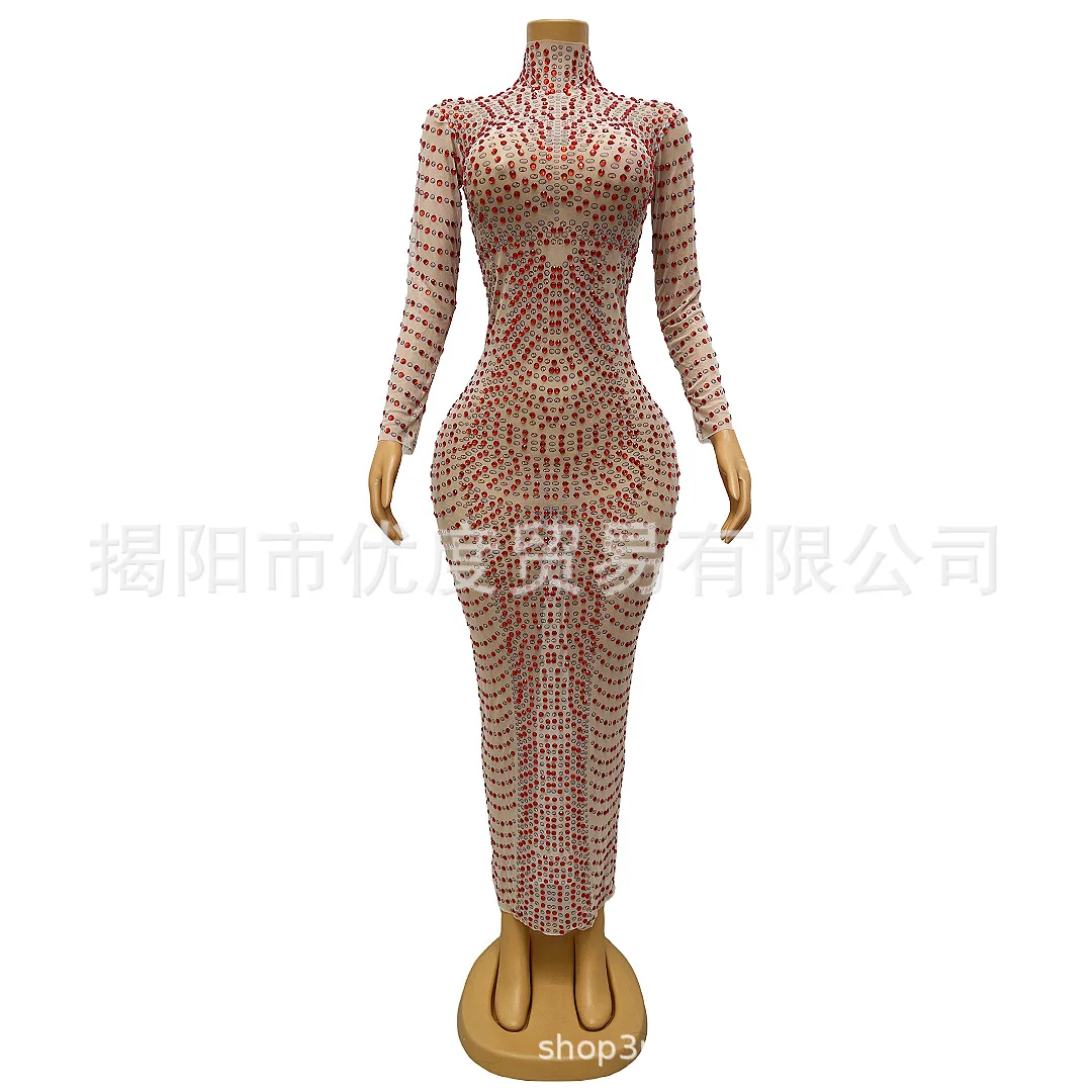 

Off-white Sexy See-through Mesh Rhinestone Reception Birthday Party Night Performance Dress Long Dress Fake Diamond Gala Dresses