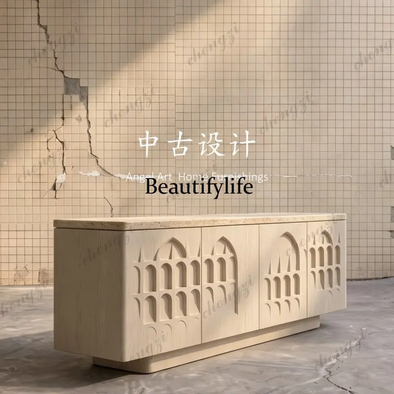 Medieval facade relief creative personality travertine space art storage household living room solid wood dining side cabinet
