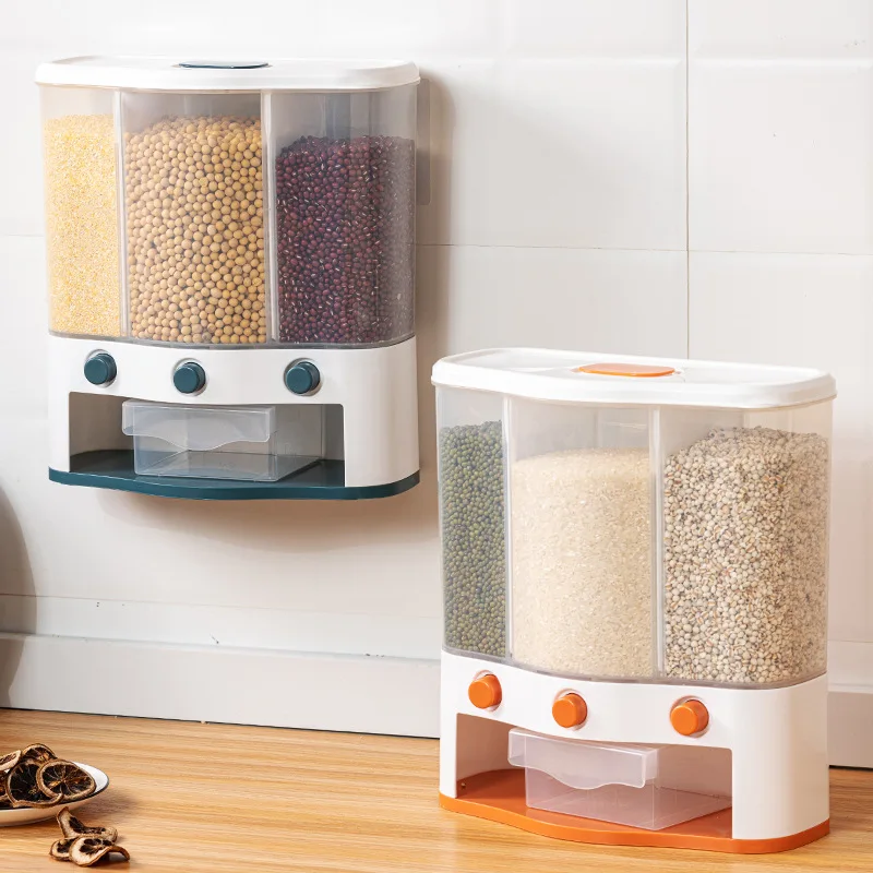 Wall Mounted Rice Storage Box Cereal Dispenser Grains Bucket Classified Sealed Moisture Proof Tank Kitchen Organizer Container