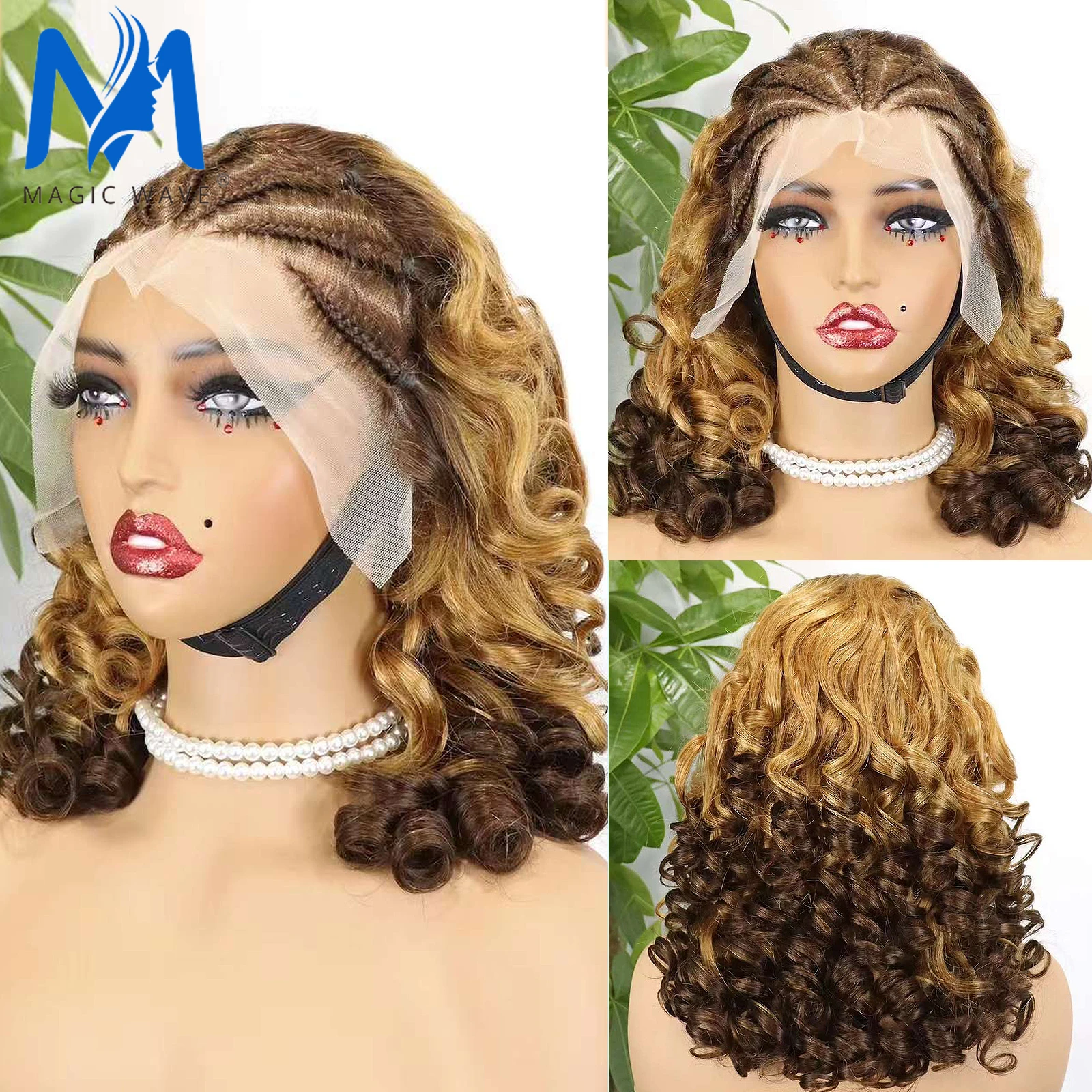 

18 Inches Colored Bouncy Curly Human Hair Wig with Braids for Black Women 13x4 Lace Frontal Wig 250% Density Loose Wave Hair Wig