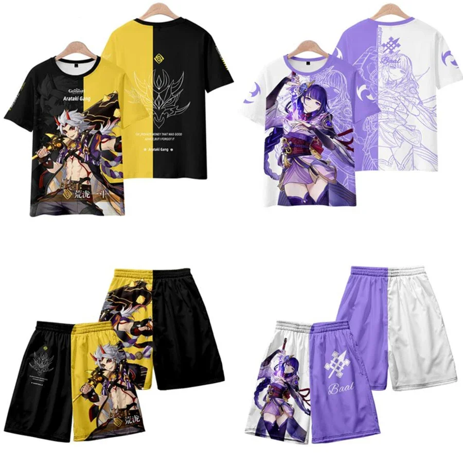 Genshin - Short Sleeved T-shirt and Beach Shorts with 3D Impact Print, Two-piece Set, Cosplay Suit by Raiden Shogun Arataki