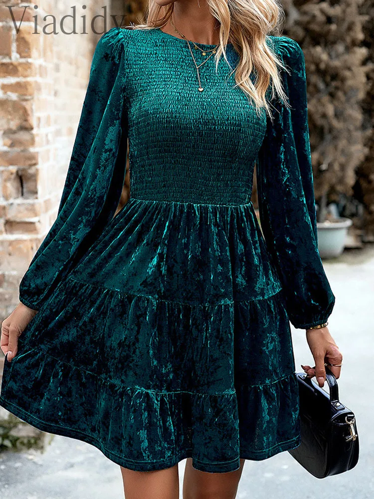 Velvet Shirring Long Sleeve A-Line Dress