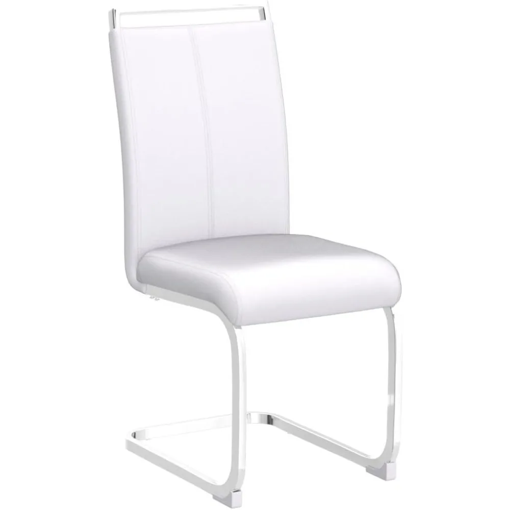 كراسي طعام معدنية حديثة مع مقاعد مبطنة من الجلد الصناعي وظهر مرتفع على أرجل كروم