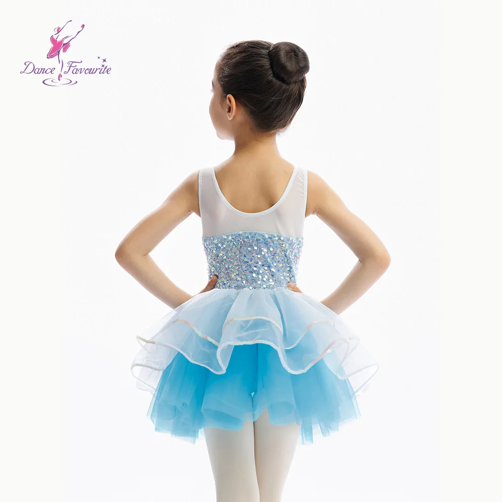 ชุดบัลเลต์เด็ก C26051 ชุดเต้นรำกระโปรงบัลเลต์สีขาวประดับเลื่อม พร้อมกระโปรงบัลเลต์สีฟ้าอ่อนสำหรับการแสดงบนเวที