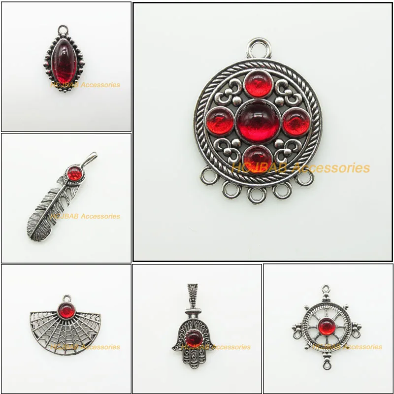 

New Oval Feather Palm Fans Flower Anchor Charms Red Glaze Pendants Tibetan Silver Plated