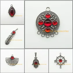 New Oval Feather Palm Fans Flower Anchor Charms Red Glaze Pendants Tibetan Silver Plated