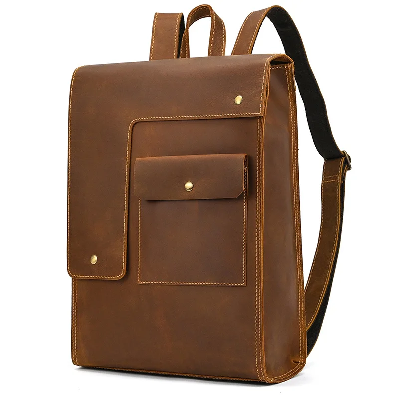

Retro Men's Backpack Cowhide School Bag 17 Inch Crazy Horse Leather Backpack Casual Travel Bag Designer Backpack