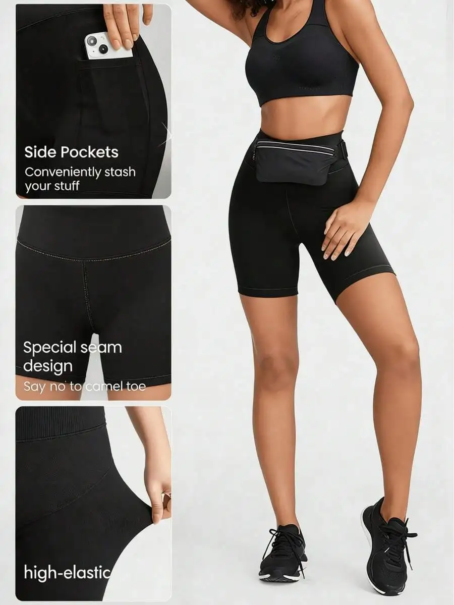 

Women High Waist Yoga Shorts With Pockets Tummy Control Compression Bike Shorts Lightweight Fitness