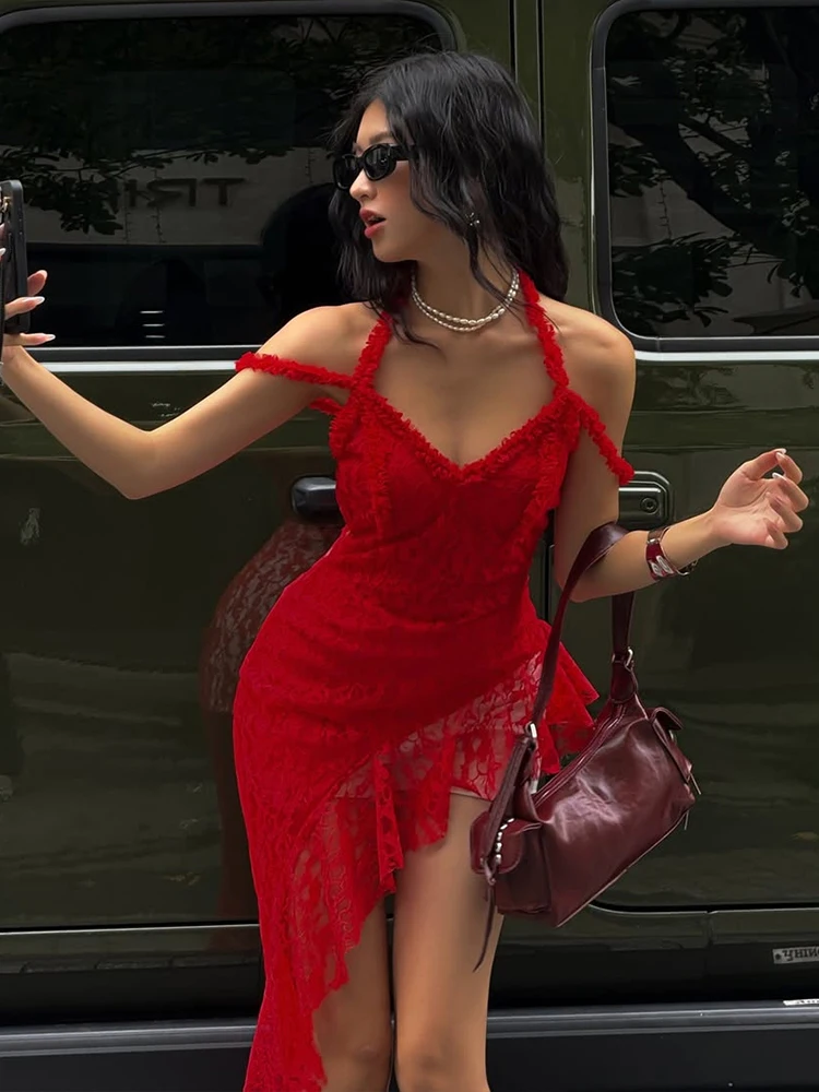 Raar Poes Jacquard Asymmetrie Jurk Vrouwen Sexy Halter See Through Ruches Zoom Hottie Straat Hipster Backless Chic Lange Bodycon