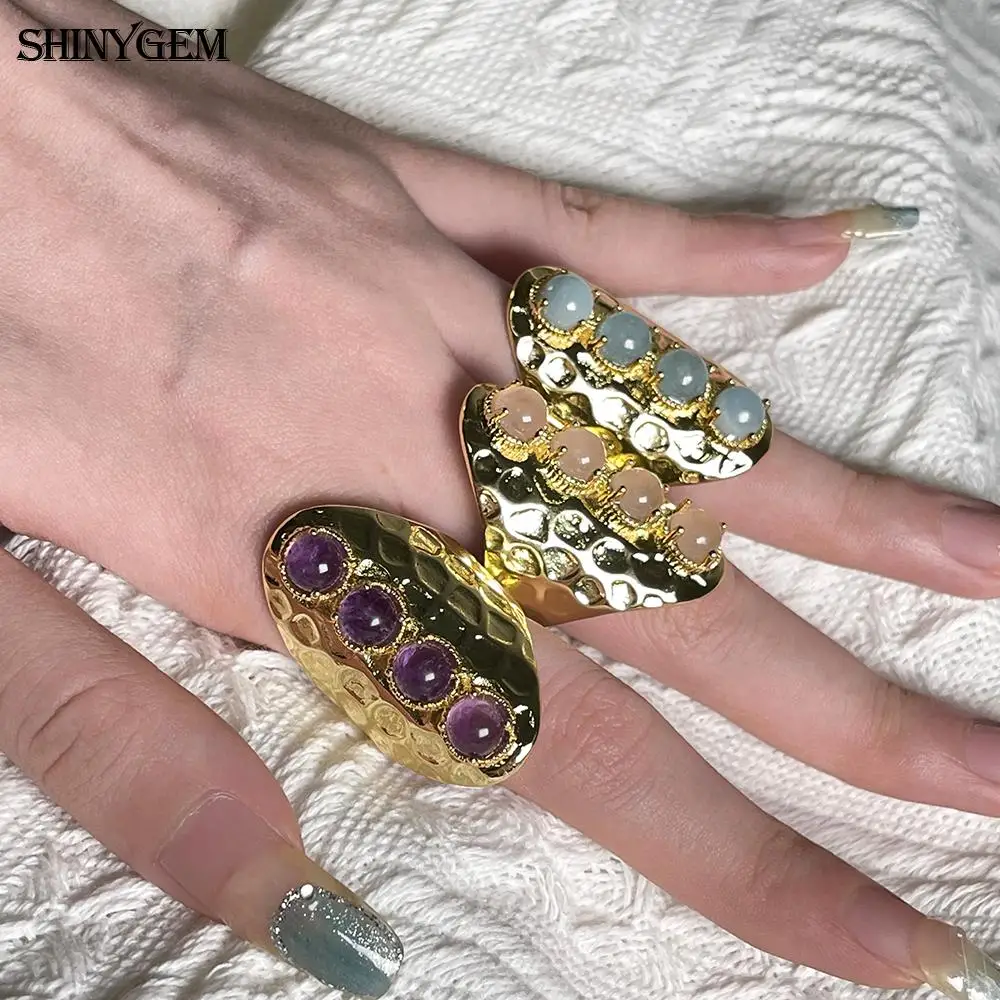 

SHINYGEM Claw Natural Crysatl Stone Druzy Cabochon Rose Quartz Amethyst Aquamarite Rings 18K Gold Plated Jewelry For Women Party