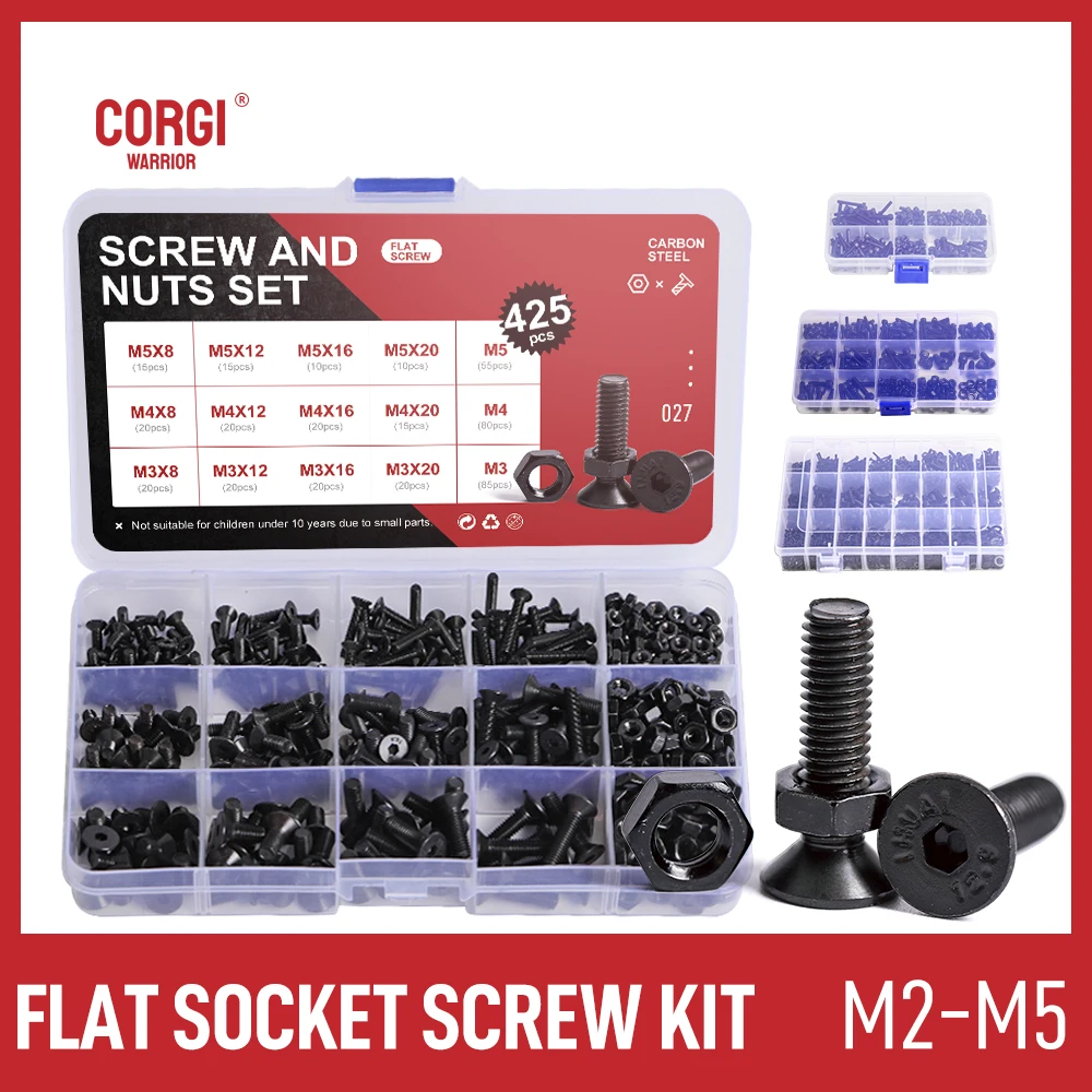 M2 M3 M4 M5 Hex Socket Flat Screws Kit 200/280/425/720 Pcs DIN7991 Black Grade 10.9 Steel Countersunk Head Screw Bolt Nut Washer