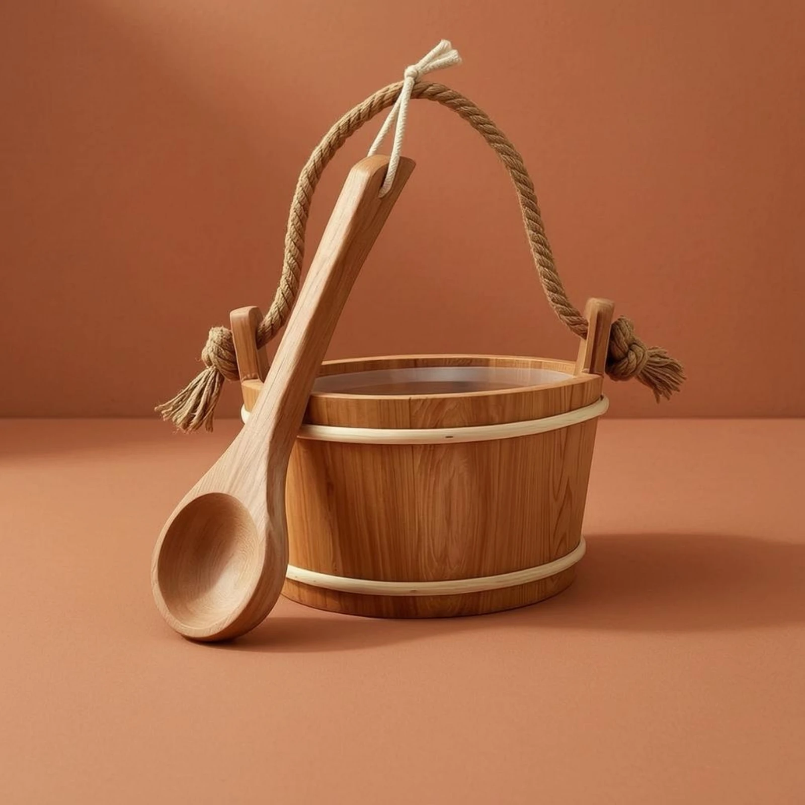 Sauna Pail and Ladle Set Rope Handle Wooden Pail and Ladle Kit Natural Wood Grain Open Top