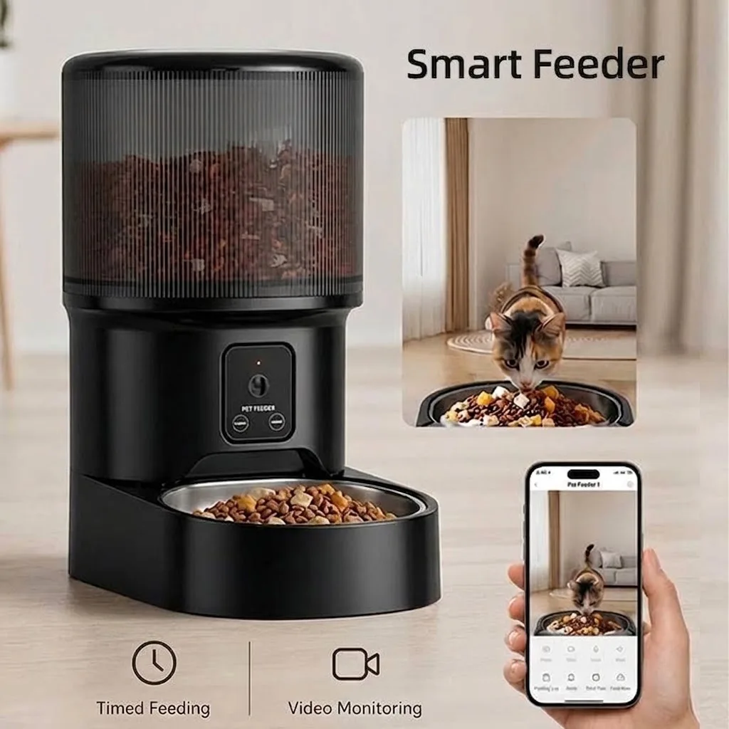 Automatic Smart Pet Feeder for Cats Dogs 4L HD Camera Video Voice Control Timed Feeding Stainless Steel Bow Pet Food Dispenser