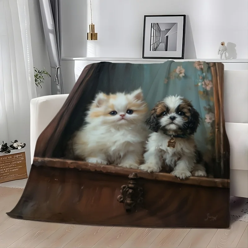 Dog Cat Under Blanket Flannel Blanket Cute Puppy White Kitten Fleece Blanket Cozy Soft Throw Blankets For Couch Bed Decoration