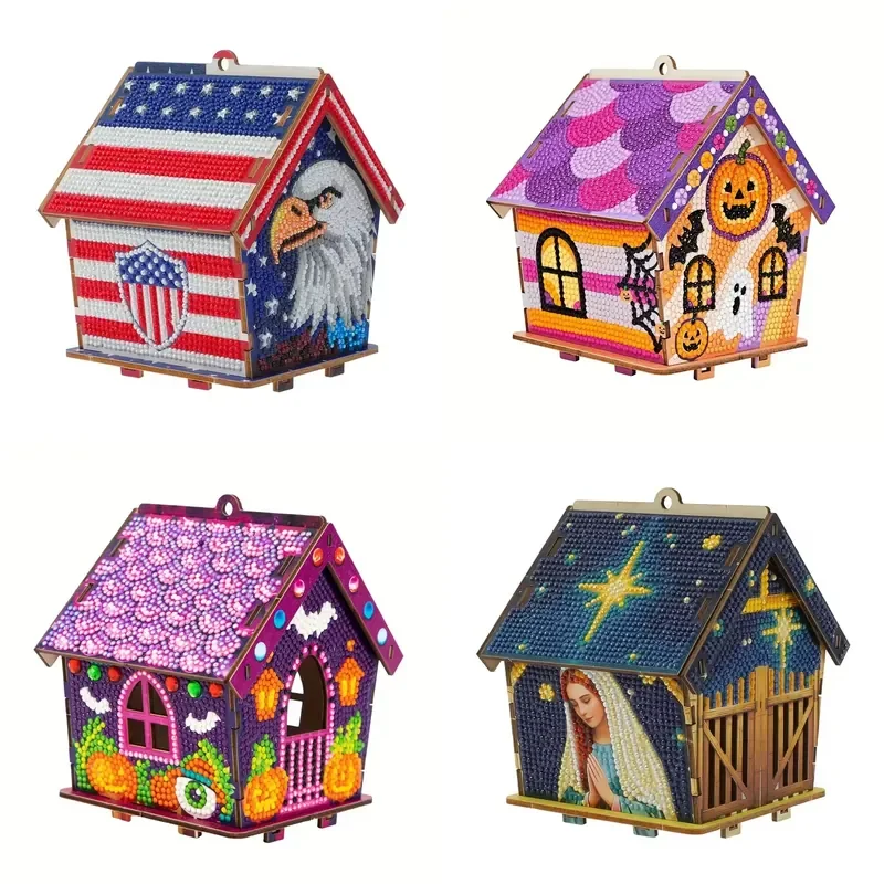 DIY 3D Wooden Puzzle Cabin Model Kit with Diamond Painting American Flag Eagle Design Independence Day Decoration Gift