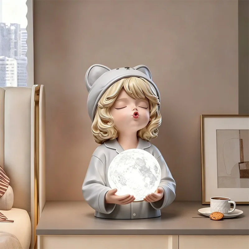 Cartoon Night Light Figurines Bedside Cute Girl Bedroom Decor Rechargeable Moon Lamp Ornaments Creative Modern Original Gifts