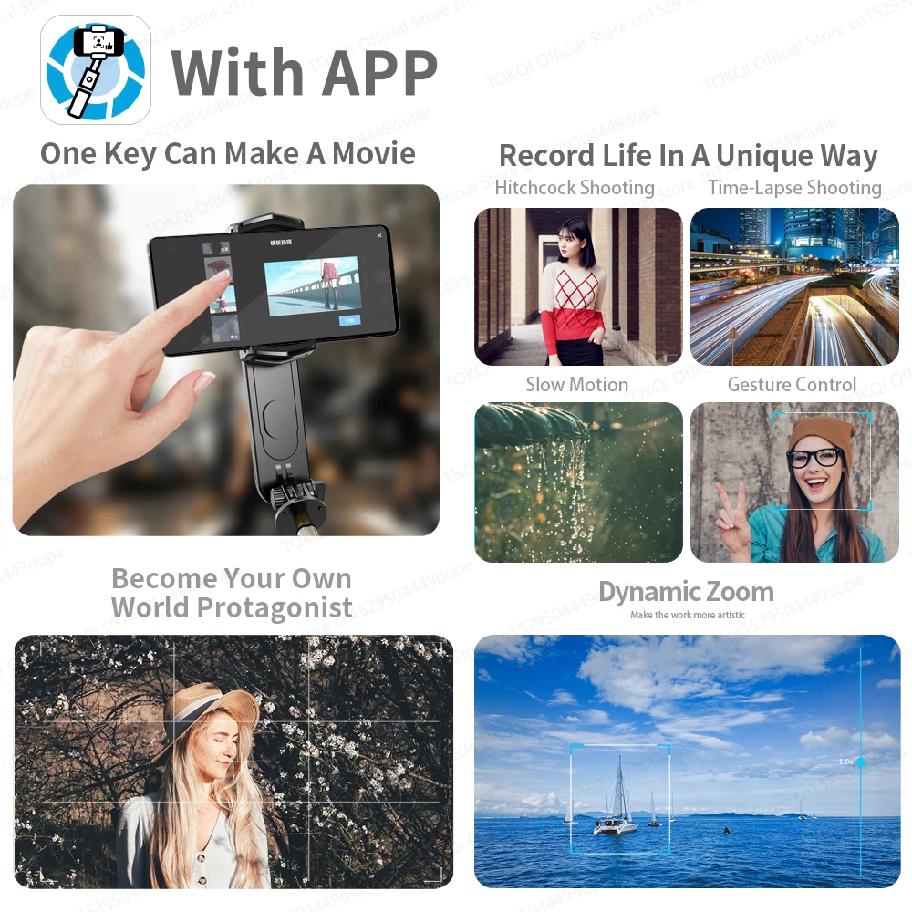 TOKQI يده مثبت أفقي ترايبود تمديد القطب Selfie عصا للهاتف المحمول مع ضوء ملء قابل للفصل ، وظيفة التحكم عن بعد